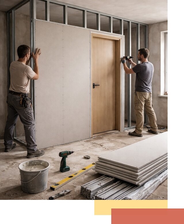 Перегородка из гипсокартона с дверью под ключ в Ростове