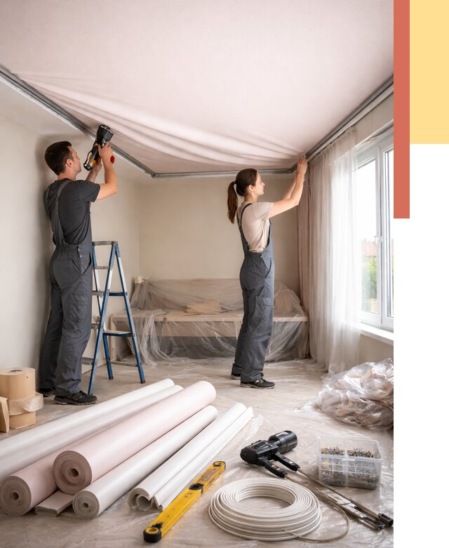 Монтаж цветного натяжного потолка в Ростове от 4310 руб/м² — быстро и недорого | ОТДЕЛОЧНИК-Рсв