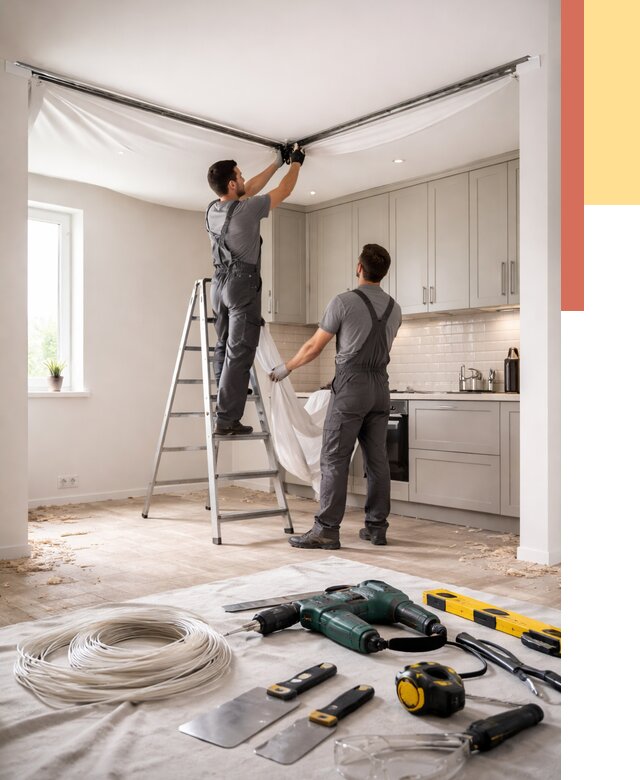 Установка натяжного потолка на кухне в Ростове от 2463 руб. | ОТДЕЛОЧНИК-Рсв