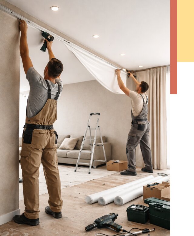 Монтаж натяжного потолка в гостиной в Ростове от 564 руб. | ОТДЕЛОЧНИК-Рсв